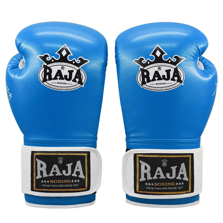 Pair of blue boxing gloves with Raja Boxing logo on a white background