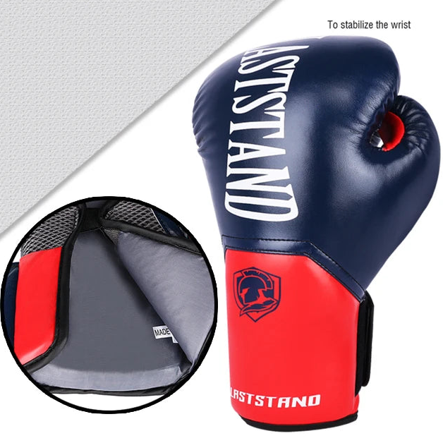 Red and blue boxing glove with wrist support design, featuring 'Best Stand' branding.