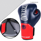 Red and blue boxing glove with wrist support design, featuring 'Best Stand' branding.