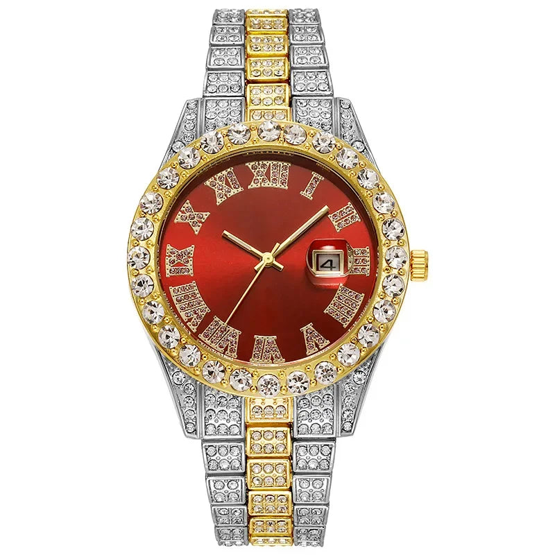 Luxury Men's Diamond Watch – Emerald, Red & Blue Dial | Roman Numerals & Quartz Movement - FitZone360