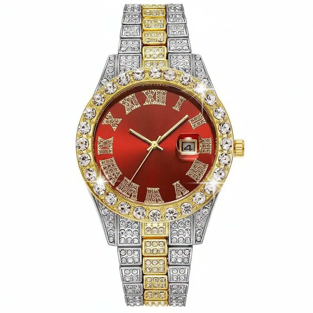 Luxury Men's Diamond Watch – Emerald, Red & Blue Dial | Roman Numerals & Quartz Movement - FitZone360