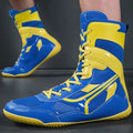 Blue and yellow boxing shoes on a dark background