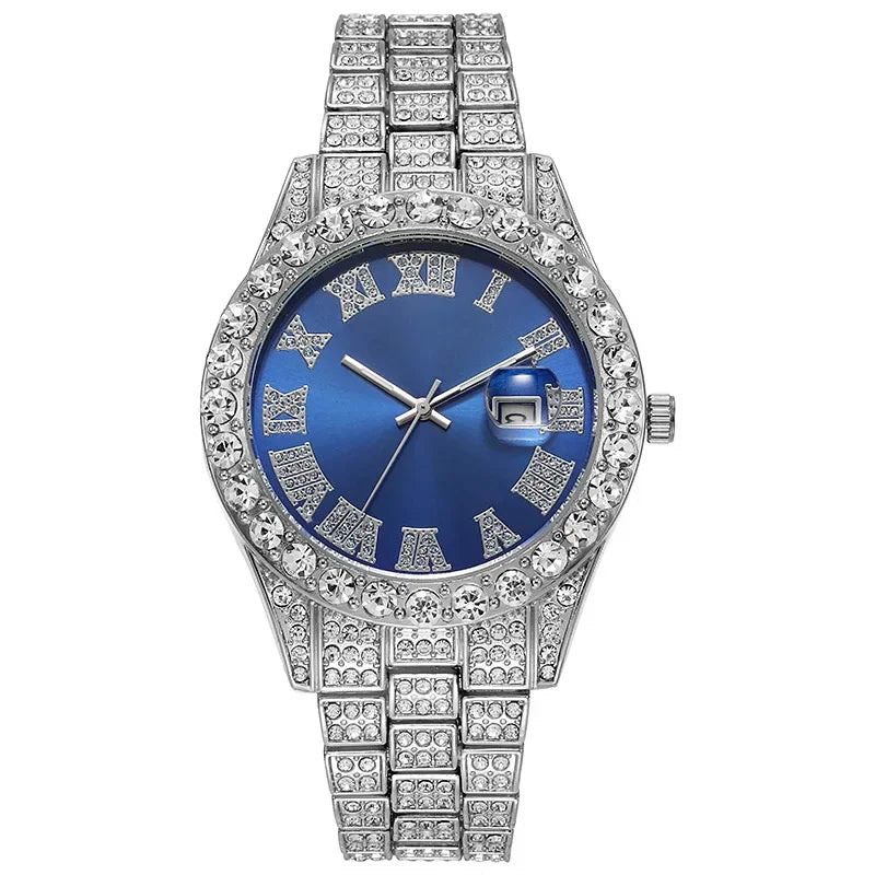 Luxury Men's Diamond Watch – Emerald, Red & Blue Dial | Roman Numerals & Quartz Movement - FitZone360