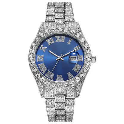 Luxury Men's Diamond Watch – Emerald, Red & Blue Dial | Roman Numerals & Quartz Movement - FitZone360