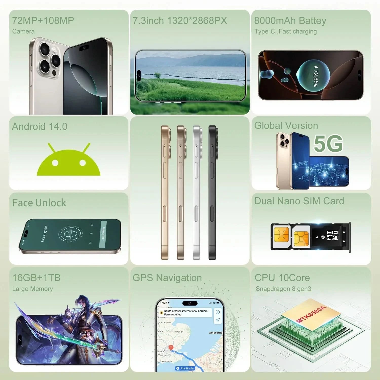 16 Pro Max 7.3" HD 5G Smartphone | Global Android 14 Mobile Phone with Dual SIM, 8000mAh Battery, Unlocked 4G/5G Cellphone - FitZone360