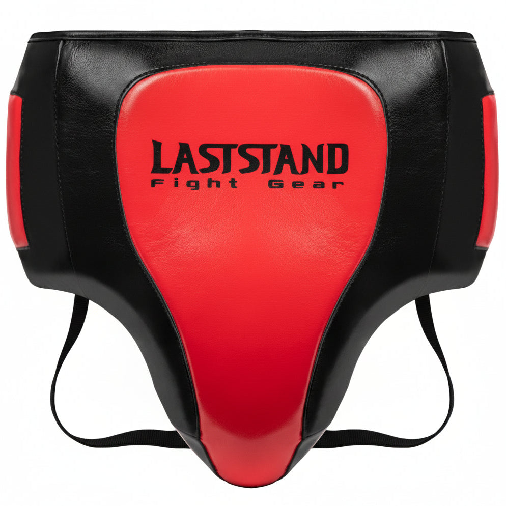 Red and black protective gear with 'LASTSTAND Fight Gear' branding on a gray background.