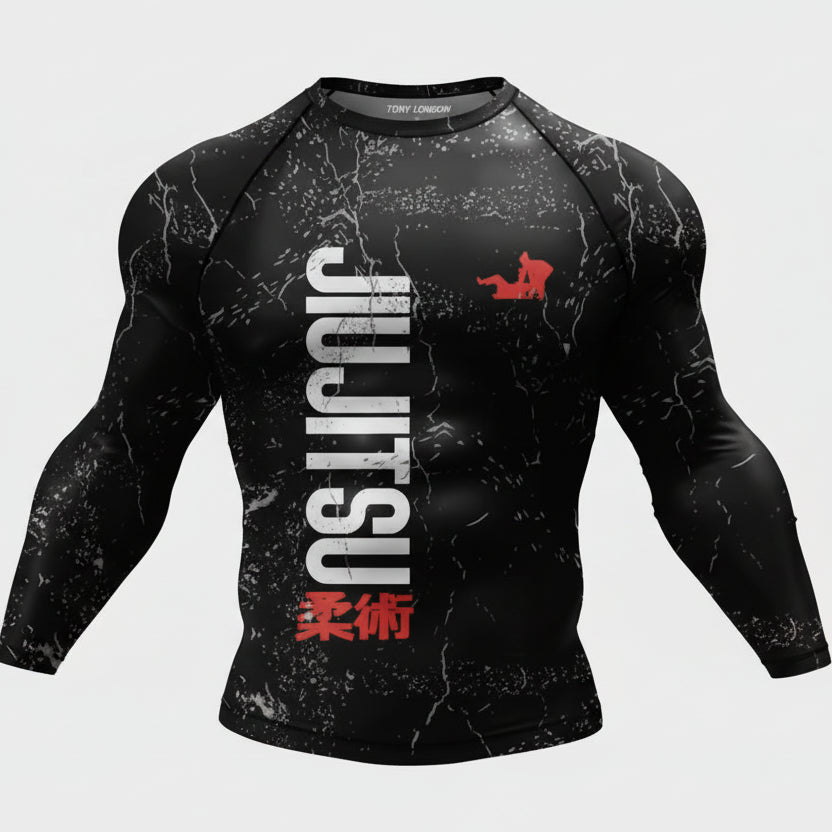 Black long-sleeve athletic shirt with 'Jiu Jitsu' text and design on a white background