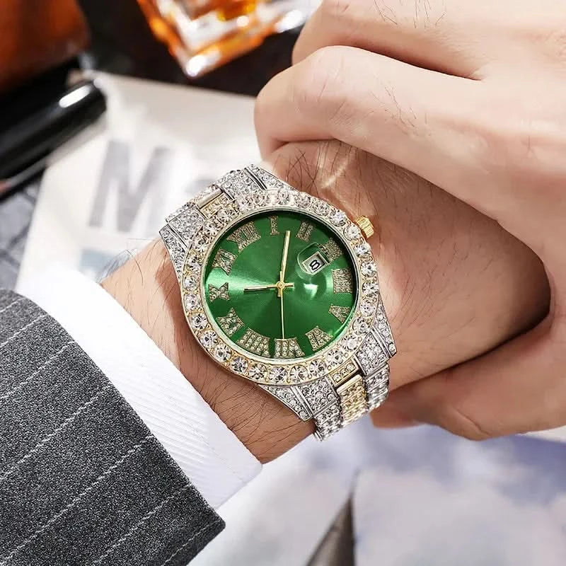 Luxury Men's Diamond Watch – Emerald, Red & Blue Dial | Roman Numerals & Quartz Movement - FitZone360