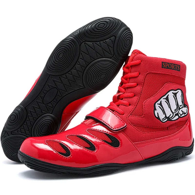 Red high-top sneakers with black soles on a white background