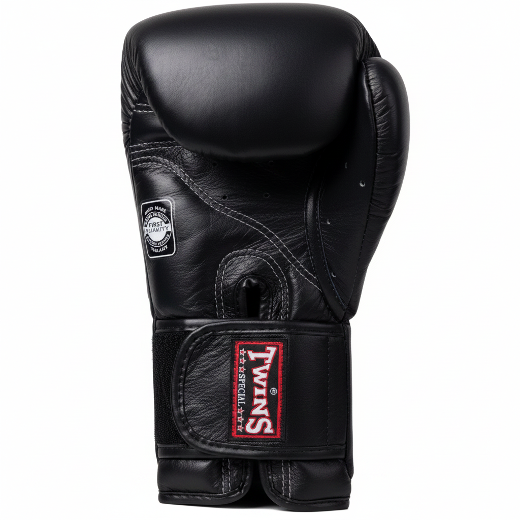 Black boxing glove with a brand logo on a white background