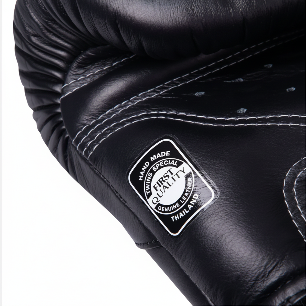 Black leather glove with a brand label on a white background