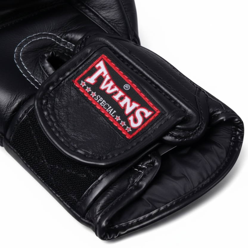 Black boxing glove with Twins Special logo on a white background