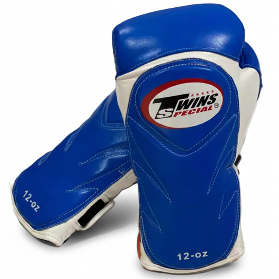 Blue and white Twins Special boxing gloves on a white background