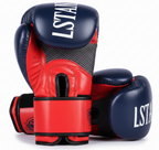 A pair of boxing gloves in navy blue and red, with the brand name 'LSTAN' printed in white on the back of the gloves, set against a plain white background.