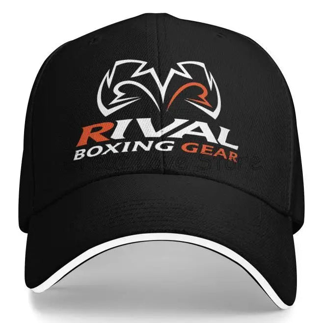 Rival black baseball cap featuring a white and orange embroidered logo that reads 'RIVAL BOXING GEAR' on the front, with a white contrast trim along the curved brim, shown against a plain white background.