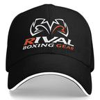 Rival black baseball cap featuring a white and orange embroidered logo that reads 'RIVAL BOXING GEAR' on the front, with a white contrast trim along the curved brim, shown against a plain white background.