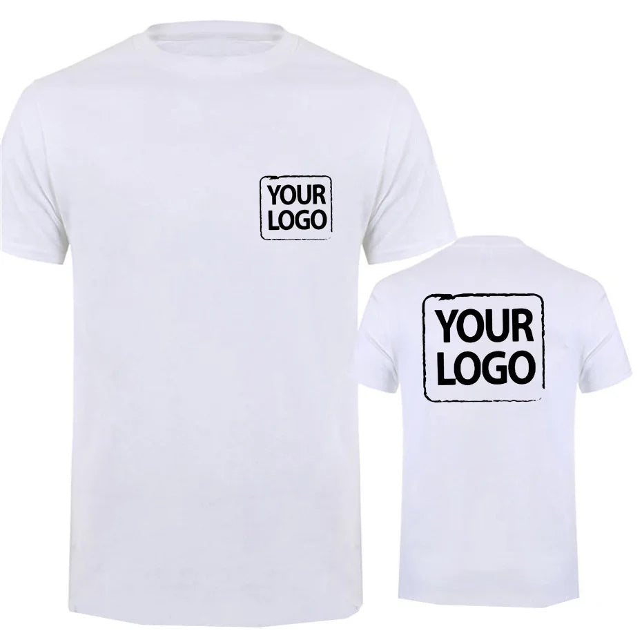 White short-sleeve t-shirt shown from the front and back, with a black rectangular placeholder logo print on the chest and a larger matching print on the back. The text inside the boxes reads 'YOUR LOGO'.