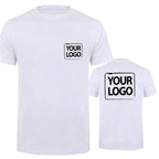 White short-sleeve t-shirt shown from the front and back, with a black rectangular placeholder logo print on the chest and a larger matching print on the back. The text inside the boxes reads 'YOUR LOGO'.
