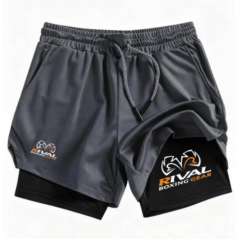 Gray and black shorts with Rival Boxing Gear logo on a white background