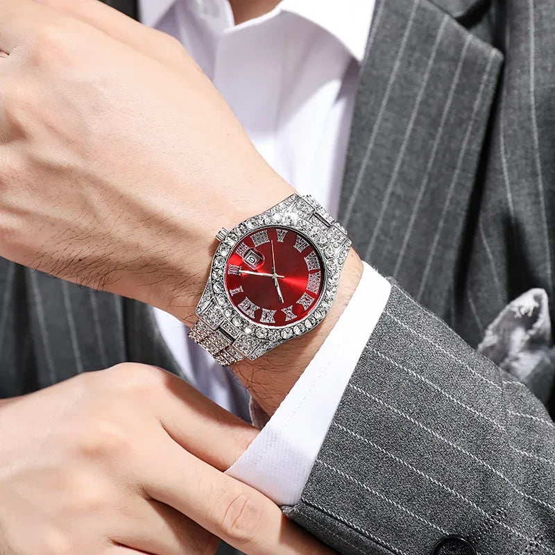 Luxury Men's Diamond Watch – Emerald, Red & Blue Dial | Roman Numerals & Quartz Movement - FitZone360