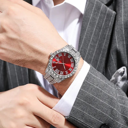 Luxury Men's Diamond Watch – Emerald, Red & Blue Dial | Roman Numerals & Quartz Movement - FitZone360