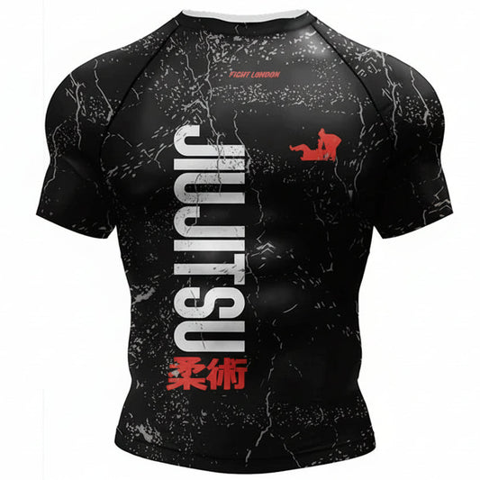 Black martial arts rash guard with white and red text on a white background