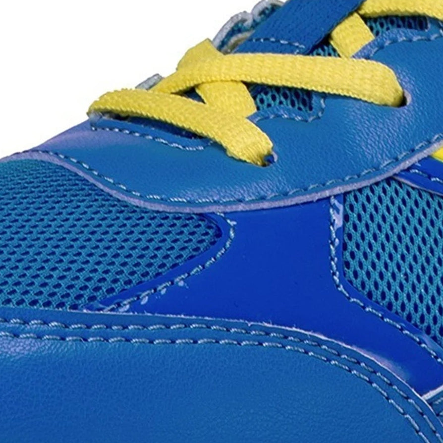 Blue athletic shoe with yellow laces on a black background with text about shoe features.
