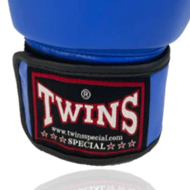 Blue boxing gloves with Twins Special logo on a white background