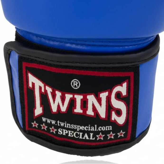 Blue boxing gloves with Twins Special logo on a white background