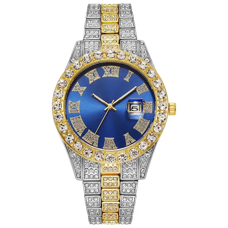 Luxury Men's Diamond Watch – Emerald, Red & Blue Dial | Roman Numerals & Quartz Movement - FitZone360