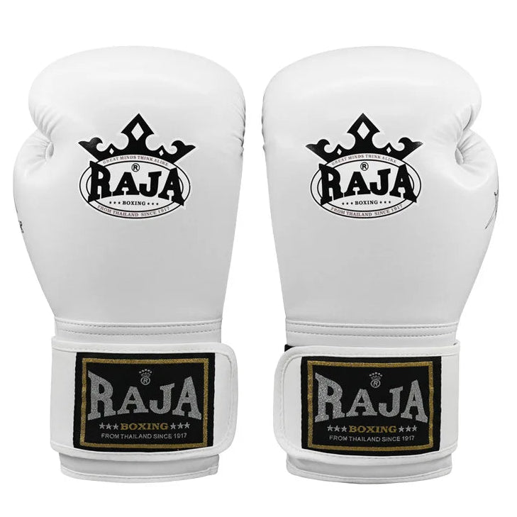 White boxing gloves with Raja Boxing logo on a white background