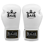 White boxing gloves with Raja Boxing logo on a white background