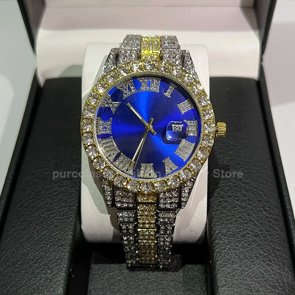 Luxury Men's Diamond Watch – Emerald, Red & Blue Dial | Roman Numerals & Quartz Movement - FitZone360