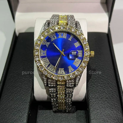 Luxury Men's Diamond Watch – Emerald, Red & Blue Dial | Roman Numerals & Quartz Movement - FitZone360