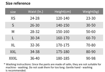 Size reference chart for pants with waist, height, and weight measurements.