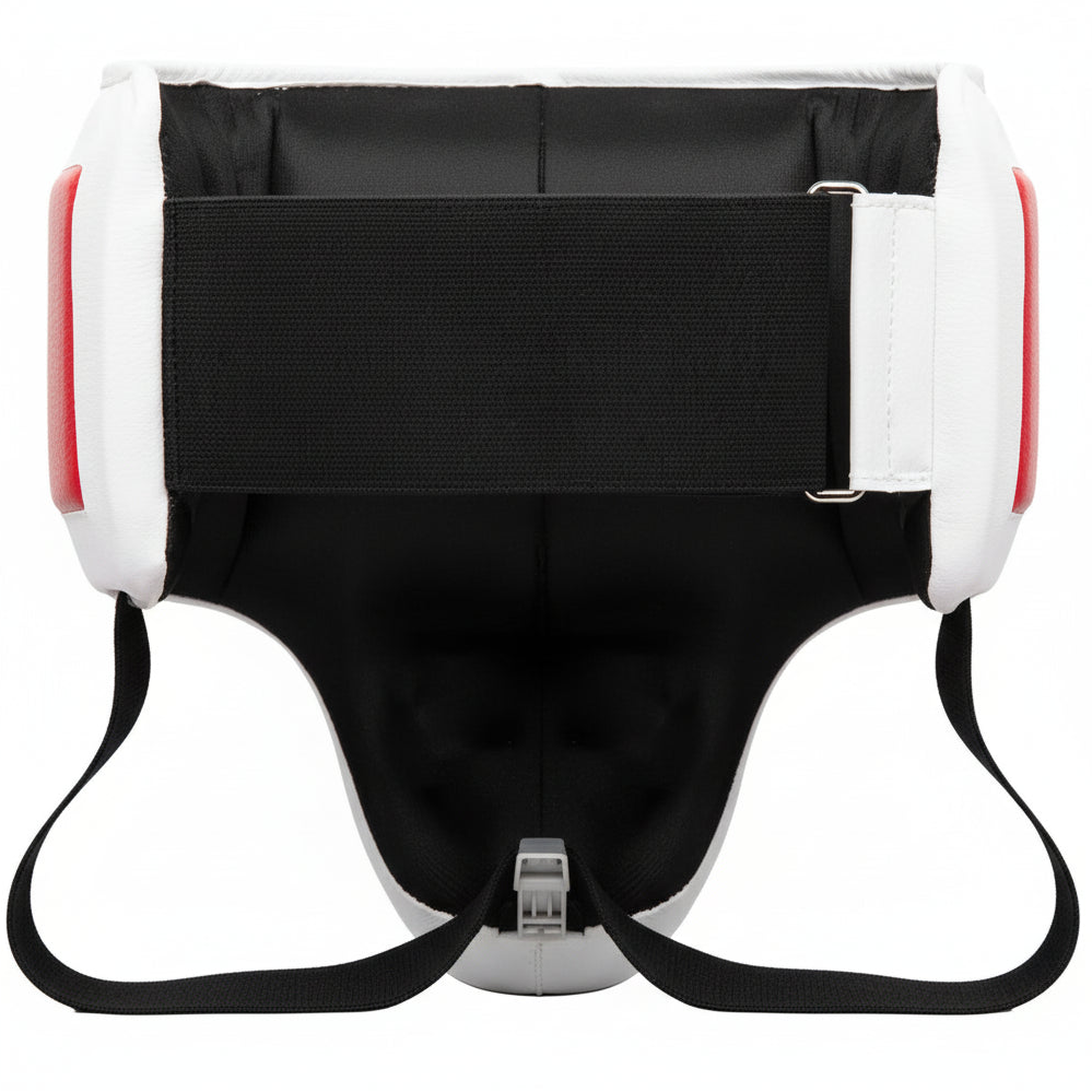 Black and white protective gear with adjustable strap, branded as Laststand Fight Gear.