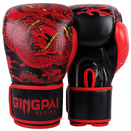 Black and red boxing gloves with dragon design on a white background