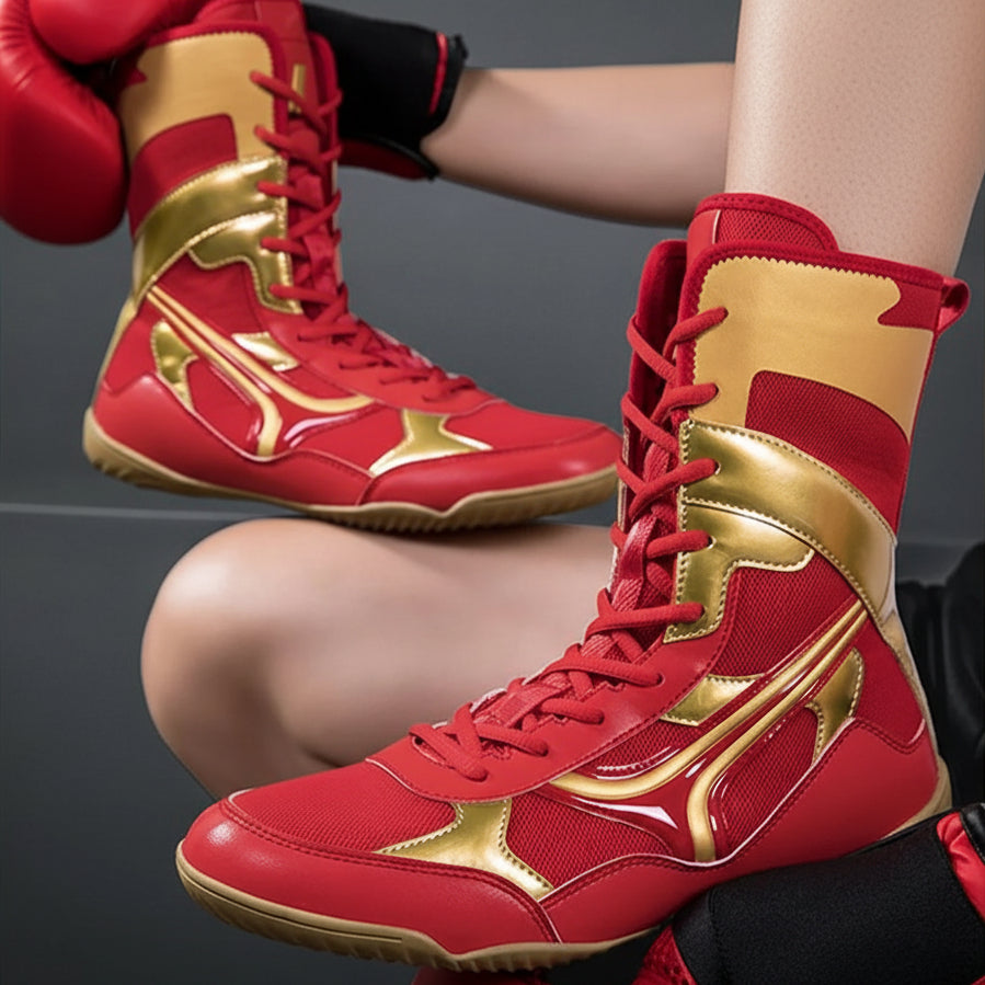 Red and gold boxing boots with a person wearing them on a dark background