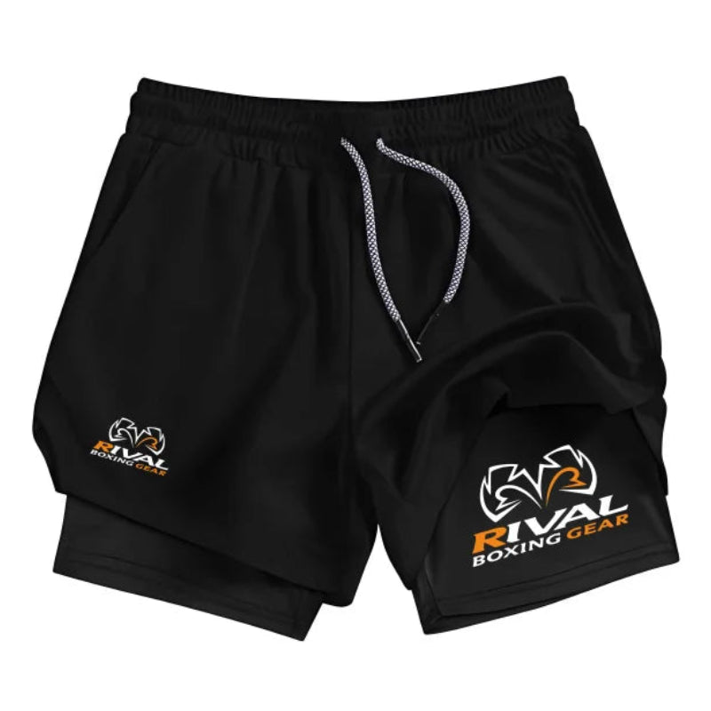 Black shorts with Rival Boxing Gear logo on a white background