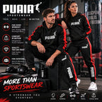 A promotional graphic for PUAIA Sportswear featuring a man and a woman modeling matching black tracksuits with red side stripes and white PUAIA logos. The background is a gym setting with a punching bag, weight bags, and workout equipment.