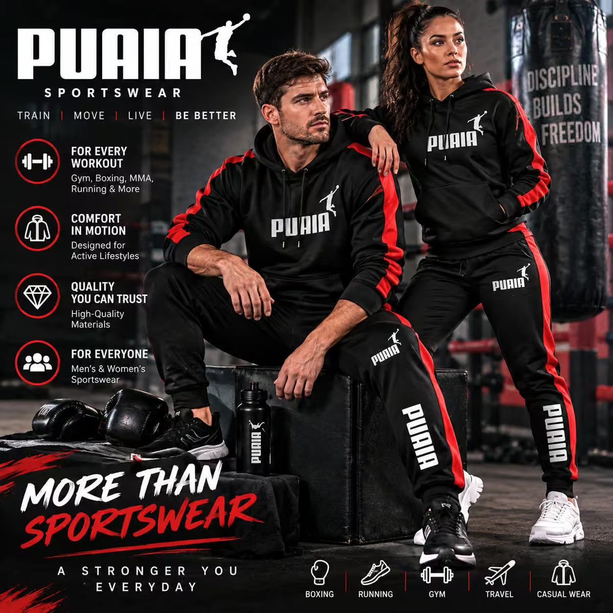 A promotional graphic for PUAIA Sportswear featuring a man and a woman modeling matching black tracksuits with red side stripes and white PUAIA logos. The background is a gym setting with a punching bag, weight bags, and workout equipment.