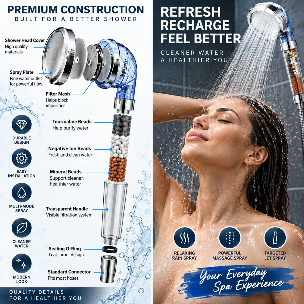 Mineral Filter High-Pressure Shower Head | 3-Mode Handheld Spa Shower