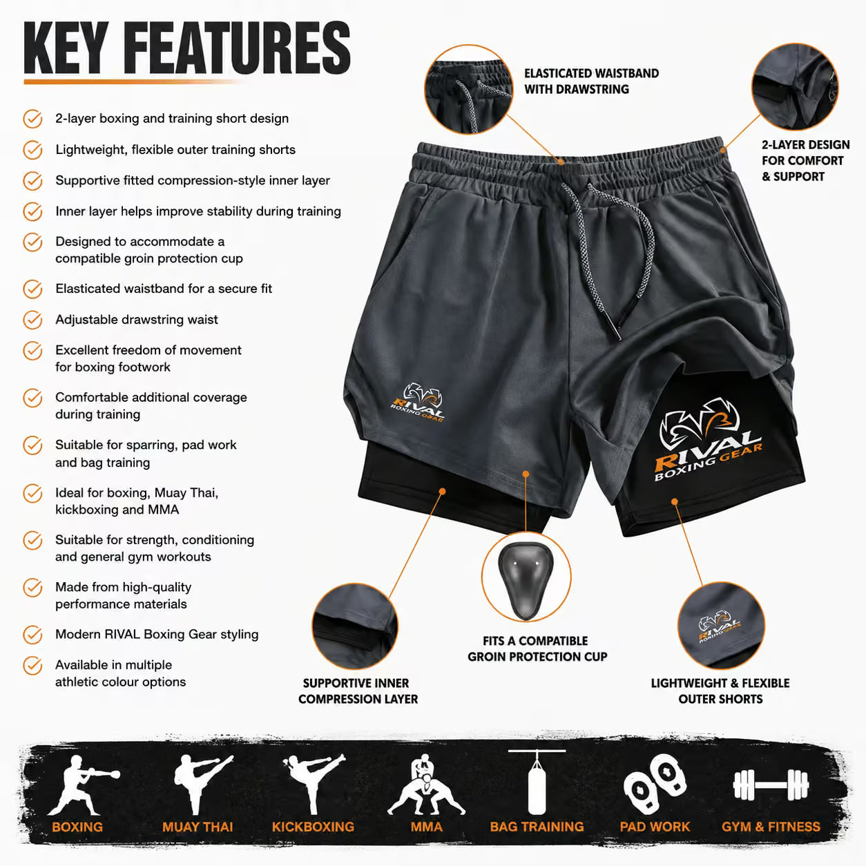 RIVAL 2-Layer Boxing Shorts with Compression Inner & Groin Cup Support