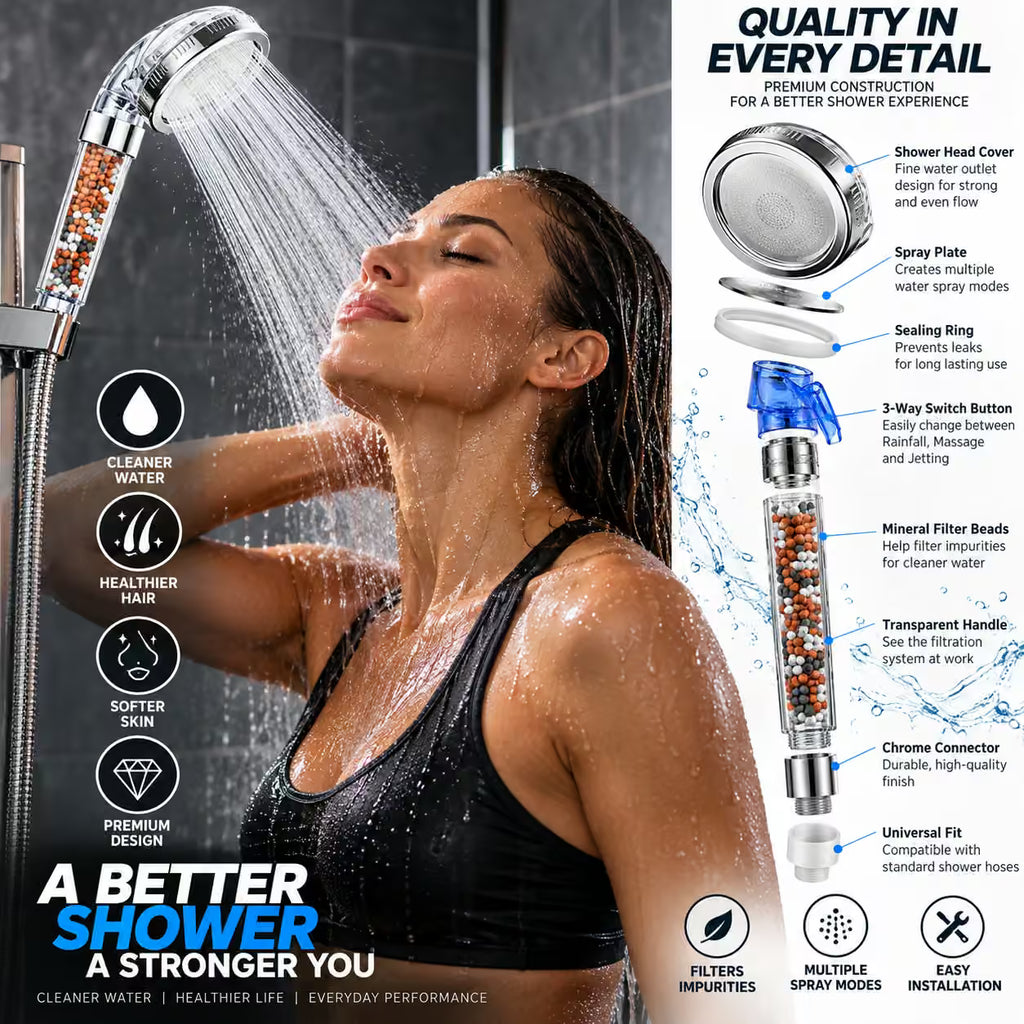 Mineral Filter High-Pressure Shower Head | 3-Mode Handheld Spa Shower