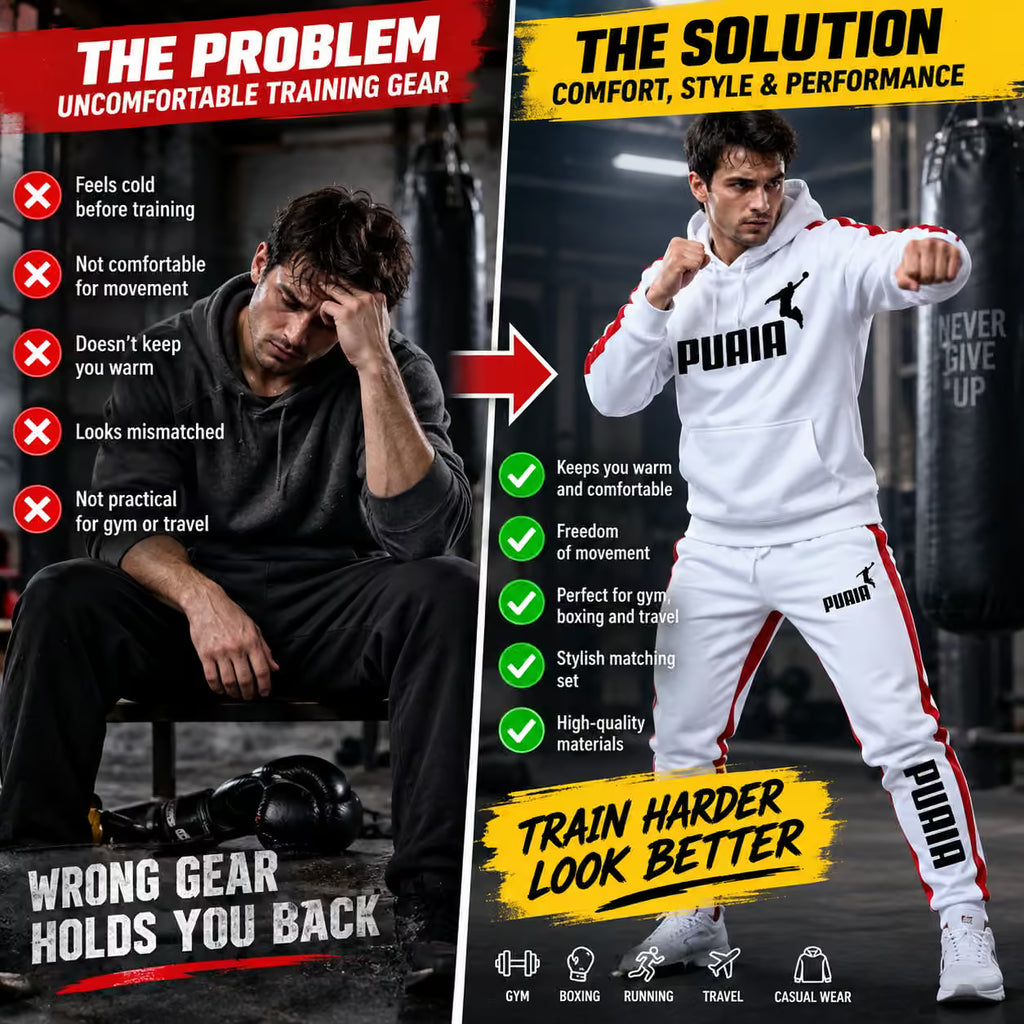 A promotional split comparison graphic for PUAIA athletic wear. The left side shows a man sitting cold and uncomfortable in a dark gym setting, with text listing pain points like feeling cold before training and not practical for gym or travel.