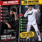A promotional split comparison graphic for PUAIA athletic wear. The left side shows a man sitting cold and uncomfortable in a dark gym setting, with text listing pain points like feeling cold before training and not practical for gym or travel.