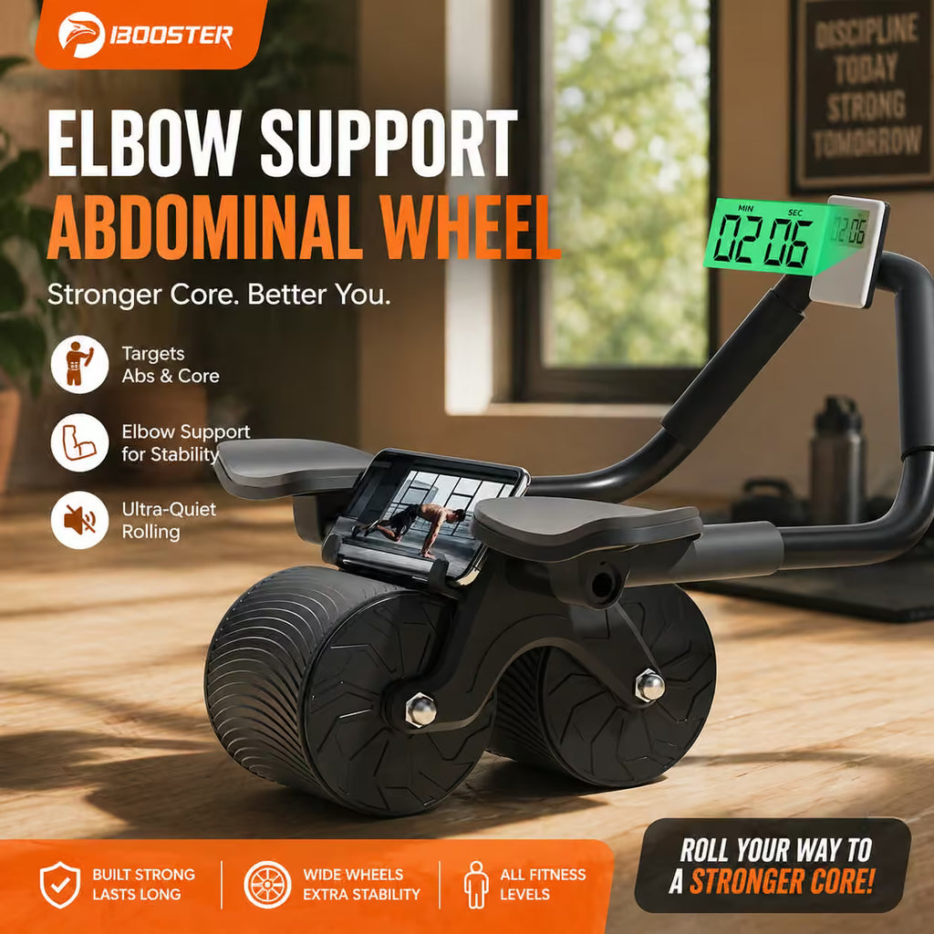 Abdominal wheel with digital display on a wooden floor, promotional text about elbow support and abdominal wheel benefits.
