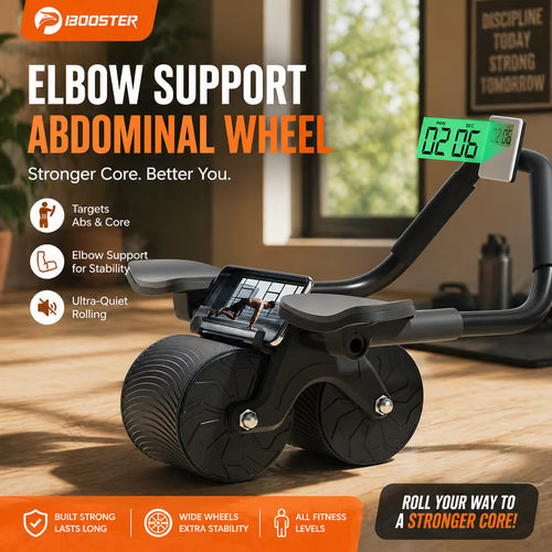 Abdominal wheel with digital display on a wooden floor, promotional text about elbow support and abdominal wheel benefits.
