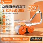 iBOOSTer abdominal roller with orange and white design, featuring a digital timer display, shown with marketing text on a warm beige background.