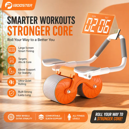 iBOOSTer abdominal roller with orange and white design, featuring a digital timer display, shown with marketing text on a warm beige background.